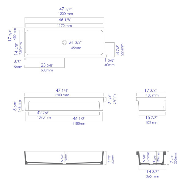 ALFI brand AB48TRGM 48" Grey Matte Above Mount Fireclay Bathroom Trough Sink
