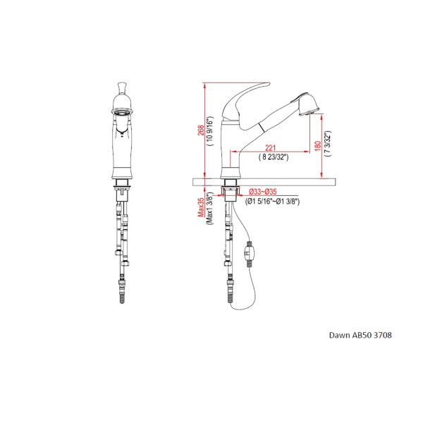 Dawn AB50-3708 Single Lever Pull-Out Spray Solid Brass Kitchen Faucet