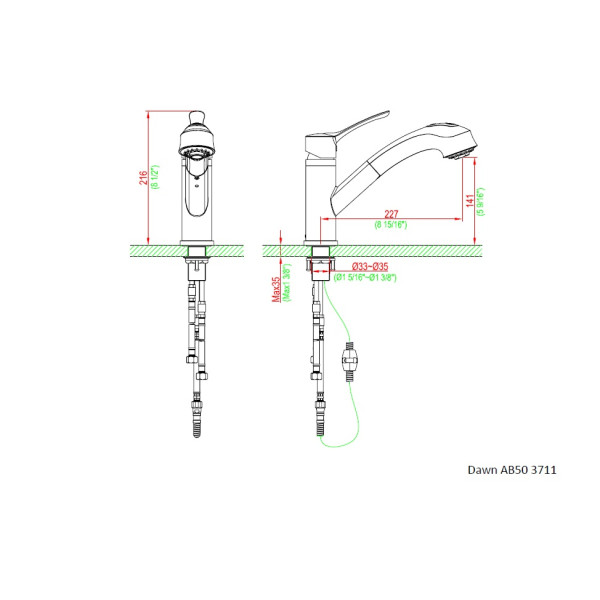 Dawn AB50-3711 Single Lever Pull-Out Spray Solid Brass Kitchen Faucet