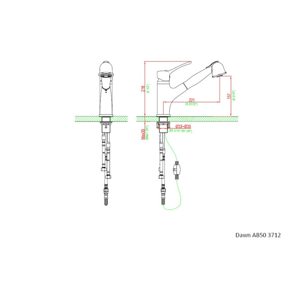 Dawn AB50-3712 Single Lever Pull-Out Spray Solid Brass Kitchen Faucet