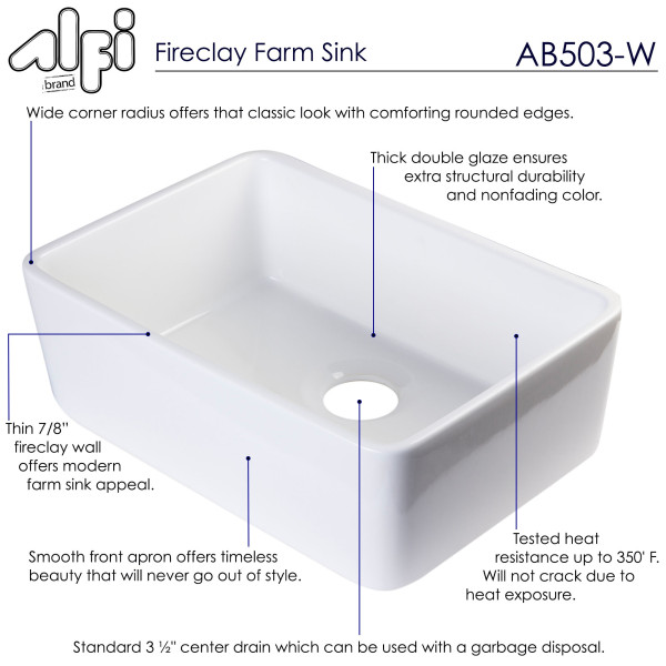 ALFI brand AB503-W Fireclay 23'' Single Farmhouse Kitchen Sink In White