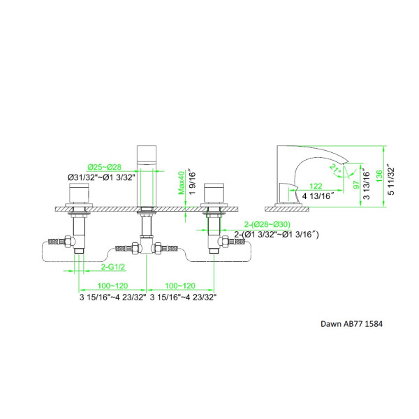 Dawn AB77 1584BN 3-Hole Widespread Lavatory Faucet in Brushed Nickel