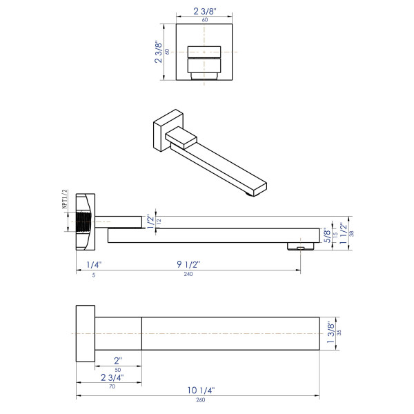 ALFI brand AB7701 Solid Brass Square Foldable Tub Spout