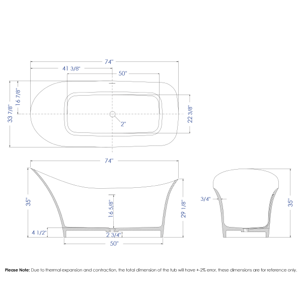 ALFI brand AB9915 74" White Solid Surface Smooth Resin Slipper Bathtub 