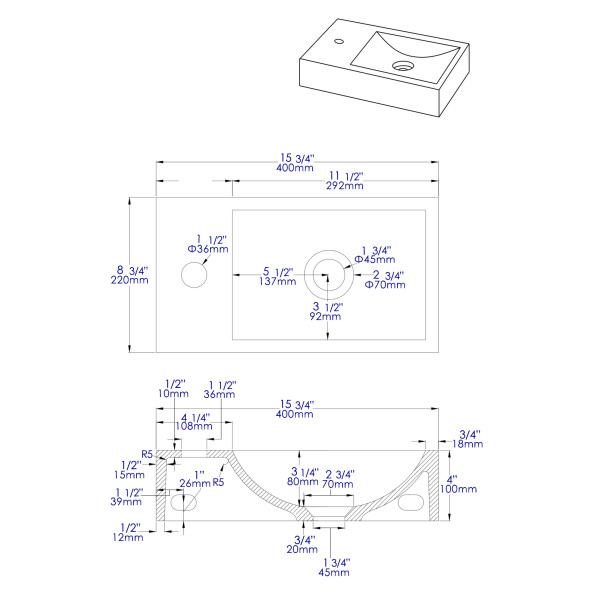 ALFI brand ABCO108 16" Small Rectangular Wall Mounted Bathroom Sink