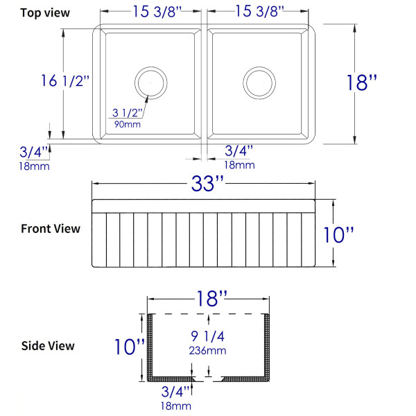 ALFI brand ABF3318D Smooth Apron 33" x 18" Double Bowl Fireclay Farm Sink