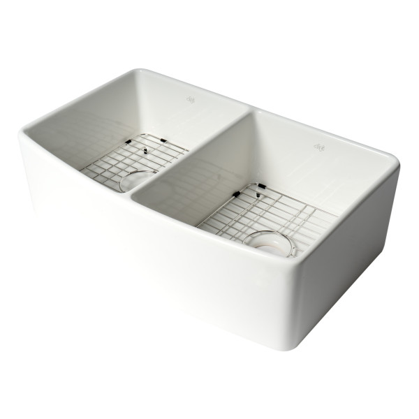 ALFI Brand ABFC3320D-W Smooth Curved Apron Two Bowl Fireclay Farm Sink with Grid