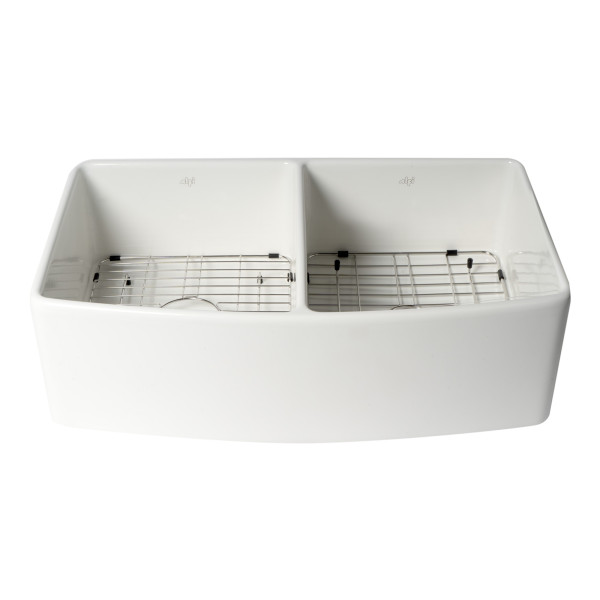 ALFI Brand ABFC3320D-W Smooth Curved Apron Two Bowl Fireclay Farm Sink with Grid