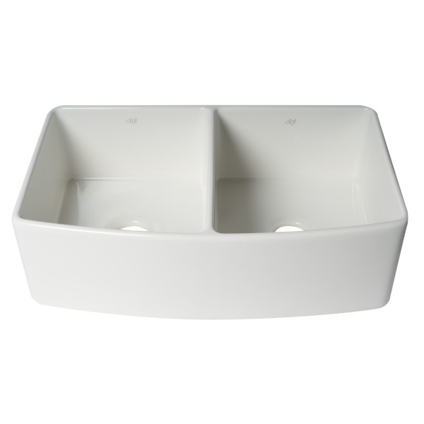 ALFI Brand ABFC3320D-W Smooth Curved Apron Two Bowl Fireclay Farm Sink with Grid