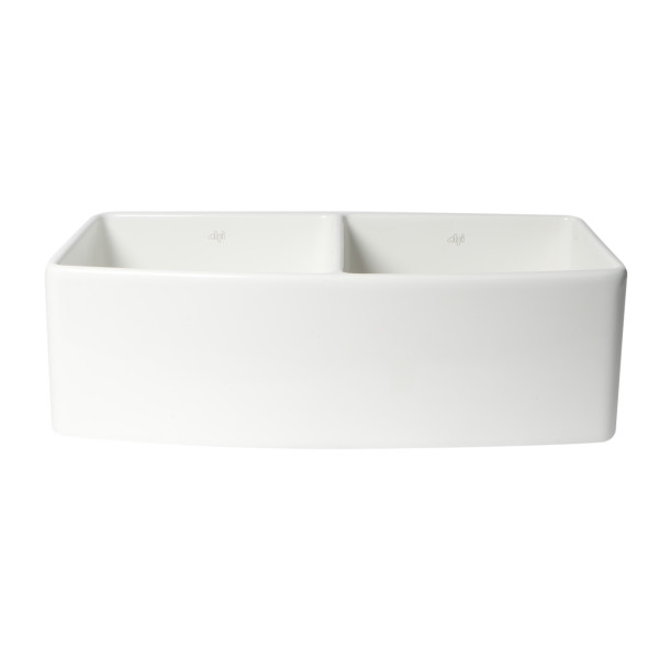 ALFI Brand ABFC3320D-W Smooth Curved Apron Two Bowl Fireclay Farm Sink with Grid