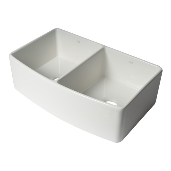 ALFI Brand ABFC3320D-W Smooth Curved Apron Two Bowl Fireclay Farm Sink with Grid