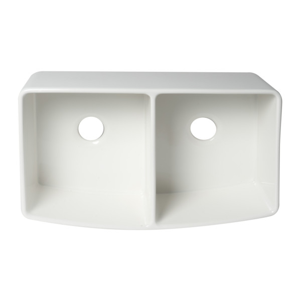 ALFI Brand ABFC3320D-W Smooth Curved Apron Two Bowl Fireclay Farm Sink with Grid