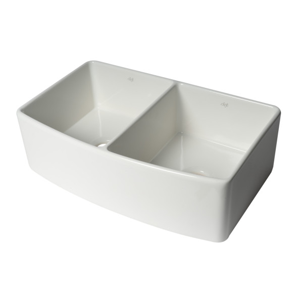 ALFI Brand ABFC3320D-W Smooth Curved Apron Two Bowl Fireclay Farm Sink with Grid