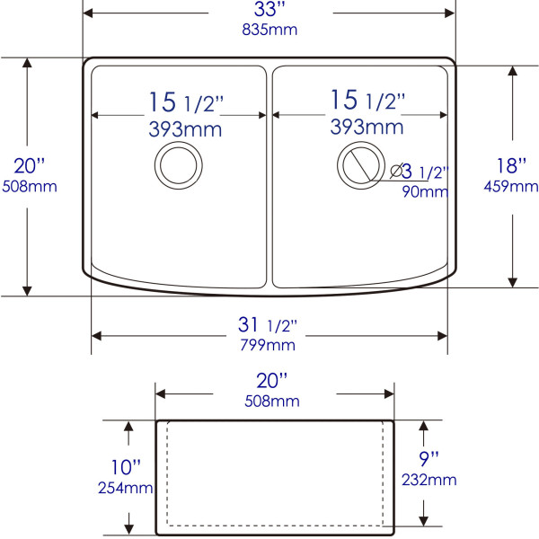 ALFI Brand ABFC3320D-W Smooth Curved Apron Two Bowl Fireclay Farm Sink with Grid