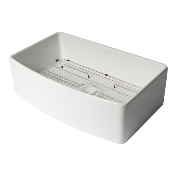 ALFI Brand ABFC3320S-W Smooth Curved Apron One Bowl Fireclay Farm Sink with Grid