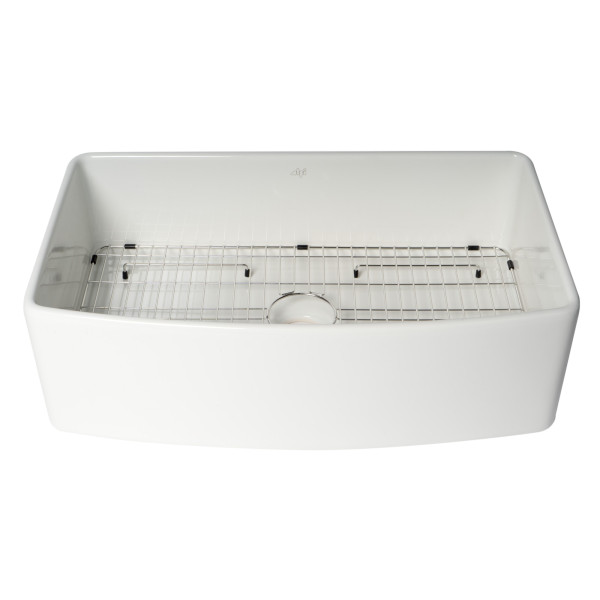 ALFI Brand ABFC3320S-W Smooth Curved Apron One Bowl Fireclay Farm Sink with Grid
