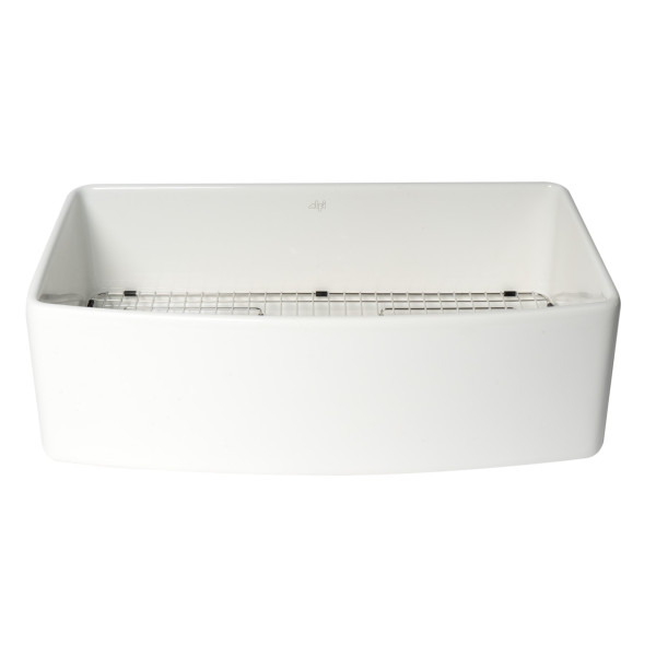 ALFI Brand ABFC3320S-W Smooth Curved Apron One Bowl Fireclay Farm Sink with Grid