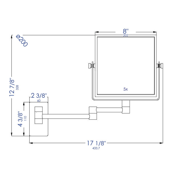 ALFI brand ABM8WS 5x Magnifying Wall Mount Square 8" Cosmetic Mirror