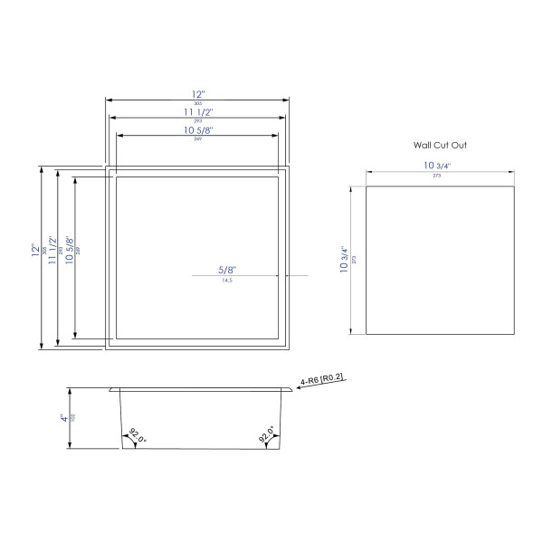ALFI brand ABN1212 12" x 12" Square Single Shelf Stainless  Bath / Shower Niche