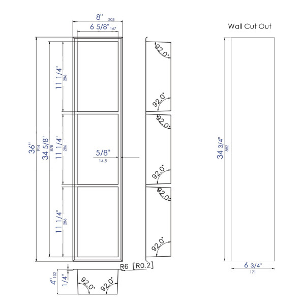 ALFI brand ABNP0836 8" x 36" Stainless Steel Vertical Triple Shelf Shower Niche