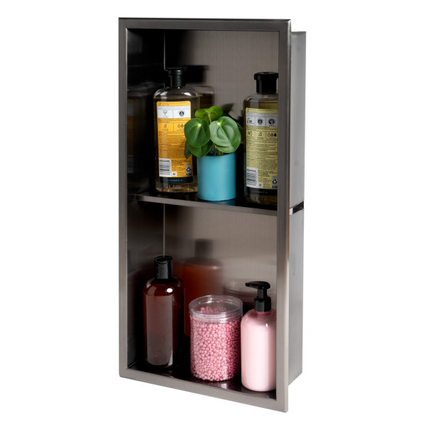 ALFI brand ABNP1224 12" x 24" Stainless Steel Vertical Double Shelf Shower Niche