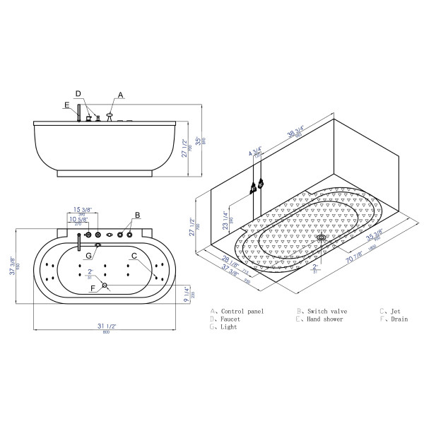EAGO AM128ETL 6 ft Acrylic White Whirlpool Bathtub With Fixtures