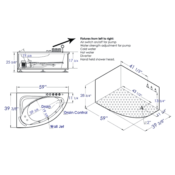EAGO AM161-R 59" Single Person Corner White Acrylic Whirlpool BathTub