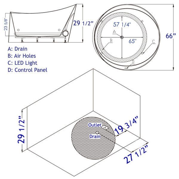 EAGO AM2130 66" Round Free Standing Acrylic Air Bubble Bathtub