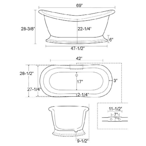 Barclay Montgomery ATDSNTD69B-WH 69 Inch Acrylic Double Slipper Bathtub
