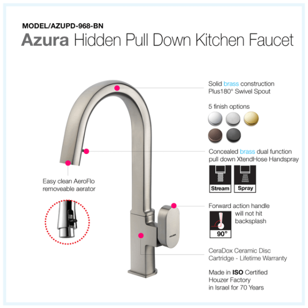 Houzer AZUPD-968 Azura Series Single Handle Hidden Pull-Down Kitchen Faucet