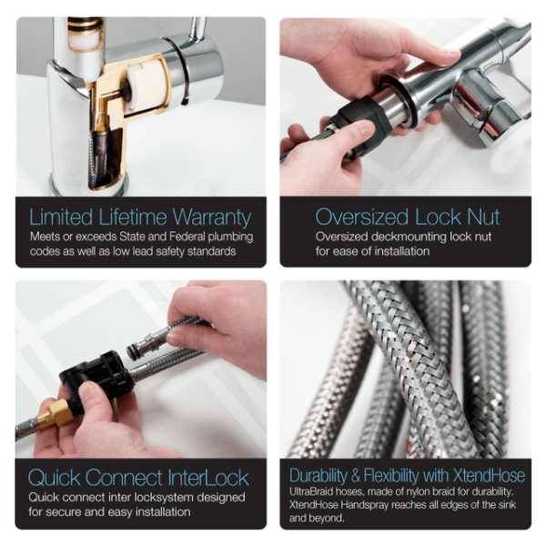 Houzer AZUPD-968 Azura Series Single Handle Hidden Pull-Down Kitchen Faucet