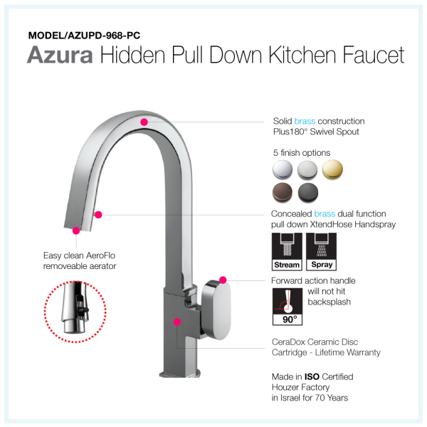 Houzer AZUPD-968 Azura Series Single Handle Hidden Pull-Down Kitchen Faucet