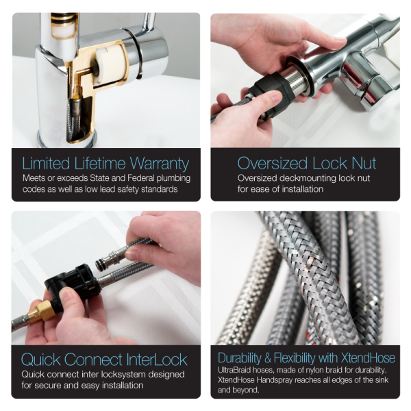 Houzer AZUPD-968 Azura Series Single Handle Hidden Pull-Down Kitchen Faucet
