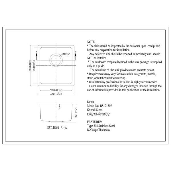 Dawn BS121307 Undermount Rounded Corner Bar/Prep Sink