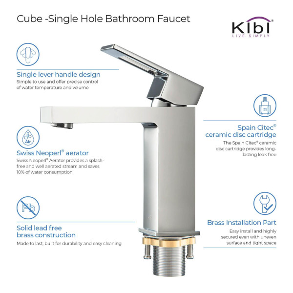 KIBI C-KBF1002CH-KPW100CH Cubic Bathroom Vanity Faucet with Pop Up Drain