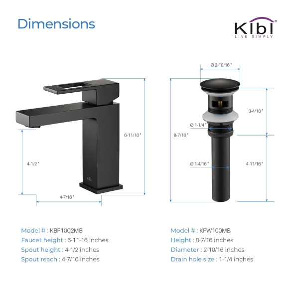 KIBI C-KBF1002MB-KPW100MB Cubic Bathroom Vanity Faucet with Pop Up Drain