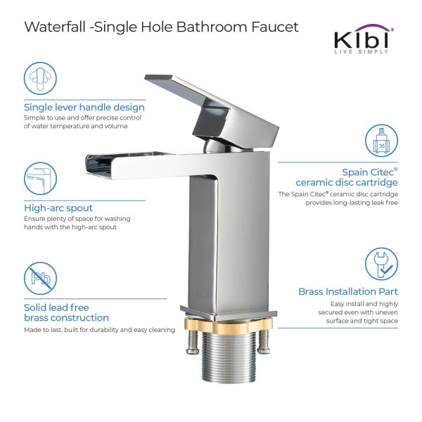 KIBI C-KBF1004CH-KPW100CH Waterfall Bathroom Vanity Faucet with Pop Up Drain