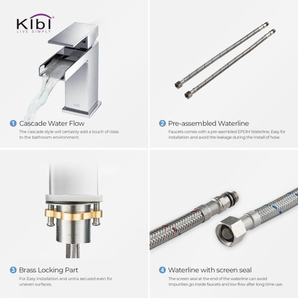 KIBI C-KBF1004CH-KPW100CH Waterfall Bathroom Vanity Faucet with Pop Up Drain