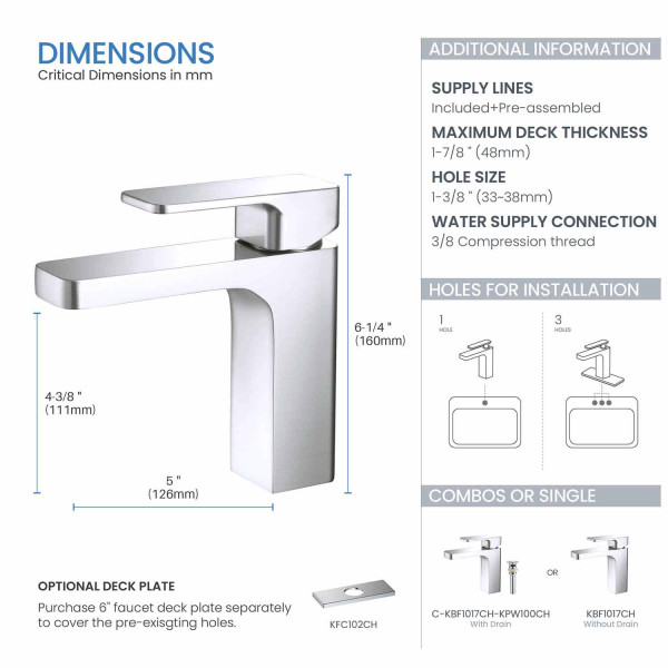 KIBI C-KBF1017CH-KPW100CH Blaze Bathroom Vanity Sink Faucet with Pop Up Drain