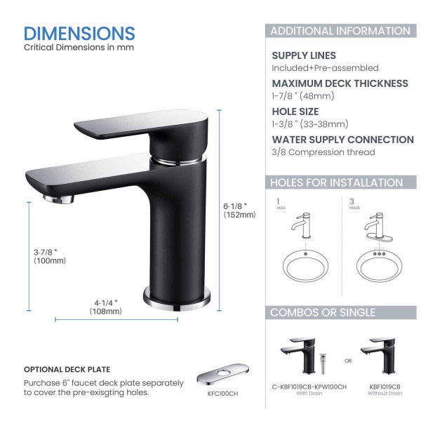 KIBI C-KBF1019CB-KPW100CH Tender Bathroom Vanity Sink Faucet with Pop Up Drain