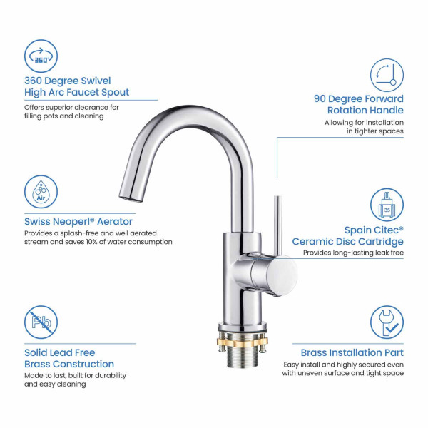 KIBI C-KBF1021CH-KPW100CH Circular Single Handle High-Arc Bathroom Sink Faucet