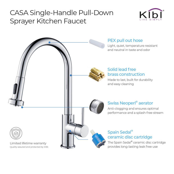 KIBI C-KKF2002CH-KSD100CH Casa Single Handle Kitchen Faucet with Soap Dispenser
