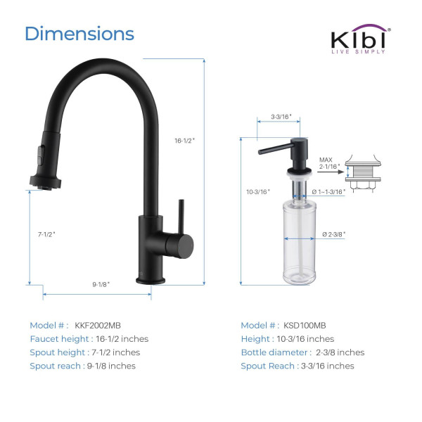 KIBI C-KKF2002MB-KSD100MB Casa Single Handle Kitchen Faucet with Soap Dispenser