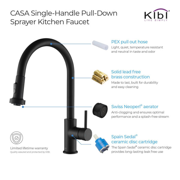 KIBI C-KKF2002MB-KSD100MB Casa Single Handle Kitchen Faucet with Soap Dispenser