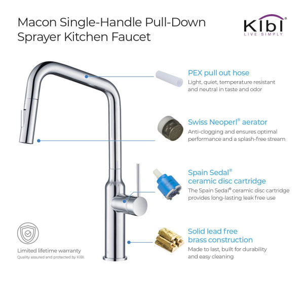 KIBI C-KKF2007CH-KSD100CH Macon Single Handle Kitchen Faucet with Soap Dispenser