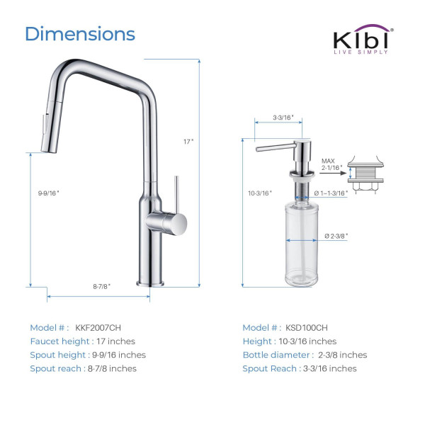 KIBI C-KKF2007CH-KSD100CH Macon Single Handle Kitchen Faucet with Soap Dispenser
