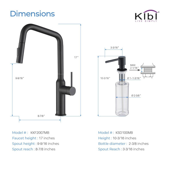 KIBI C-KKF2007MB-KSD100MB Macon Single Handle Kitchen Faucet with Soap Dispenser