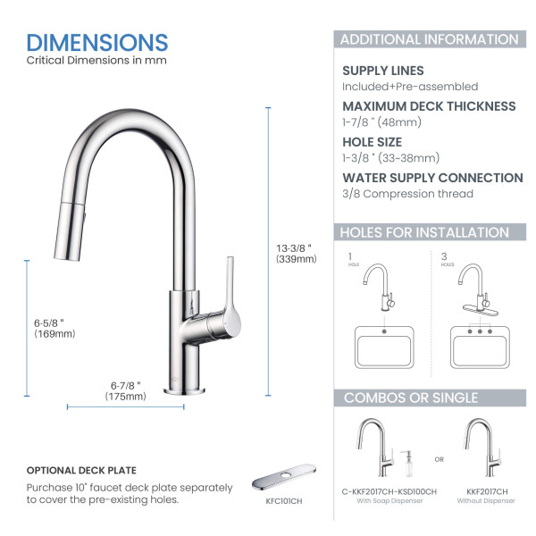 KIBI C-KKF2017CH-KSD100CH Fusion Kitchen & Bar Faucet w/ Soap Dispenser - Chrome