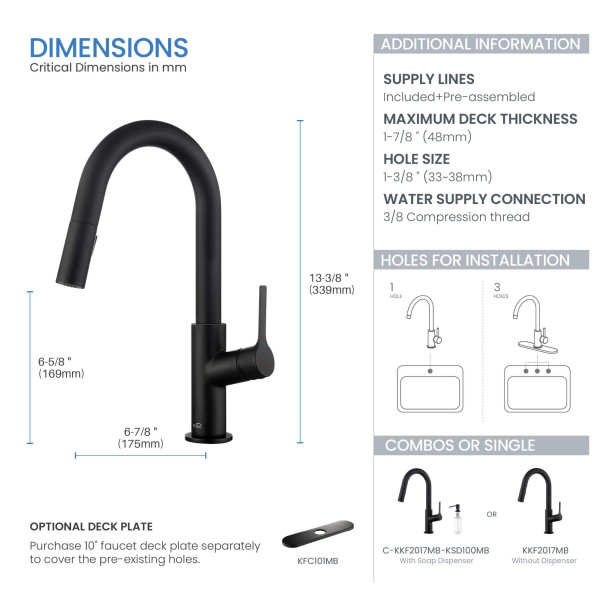 KIBI C-KKF2017MB-KSD100MB Fusion Faucet with Soap Dispenser - Matte Black