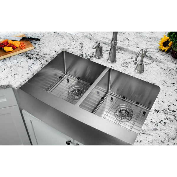 Cahaba CA231132 16 Gauge Double Bowl Apron Front Kitchen Sink With Grid Set